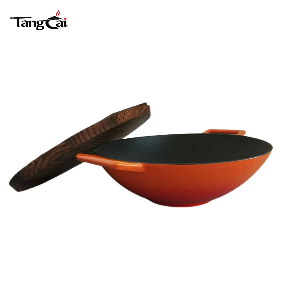Wok en fonte DIA36&nbsp;cm avec rev&ecirc;tement &eacute;maill&eacute; avec poign&eacute;es doubles Ustensiles de cuisine chinois Wok &agrave; fond plat compatible avec l'induction