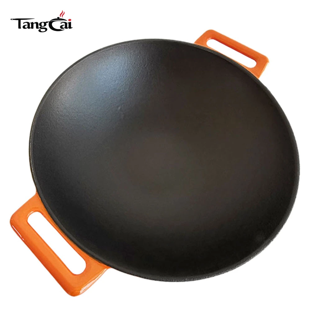 Wok en fonte DIA36&nbsp;cm avec rev&ecirc;tement &eacute;maill&eacute; avec poign&eacute;es doubles Ustensiles de cuisine chinois Wok &agrave; fond plat compatible avec l'induction