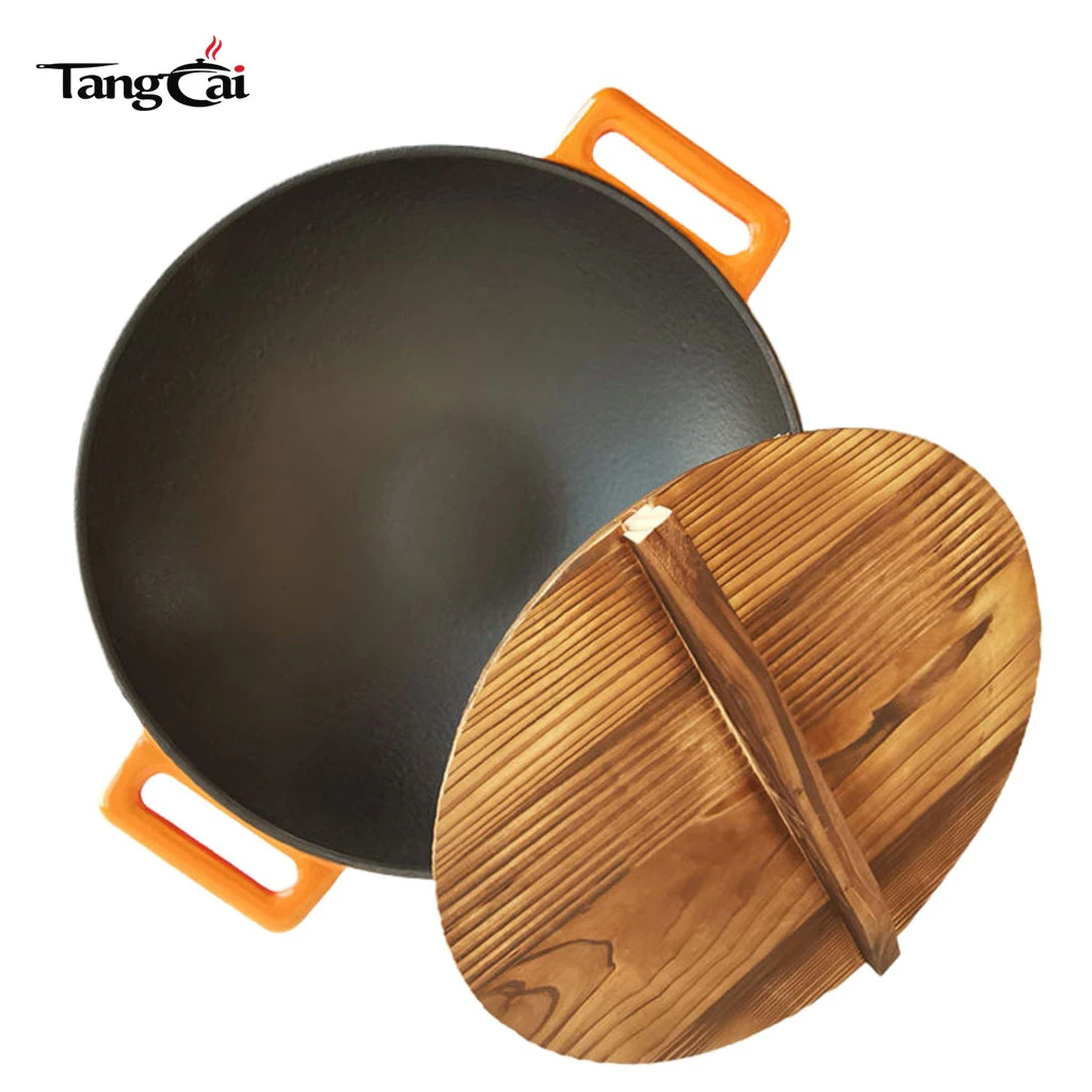 Wok en fonte DIA36&nbsp;cm avec rev&ecirc;tement &eacute;maill&eacute; avec poign&eacute;es doubles Ustensiles de cuisine chinois Wok &agrave; fond plat compatible avec l'induction