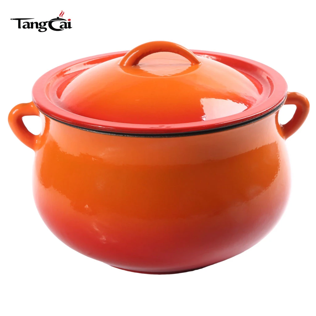 Pot &agrave; haricots en fonte &eacute;maill&eacute;e orange polyvalente de 5&nbsp;QT, batterie de cuisine antiadh&eacute;sive avec couvercle pour les t&acirc;ches quotidiennes en cuisine
