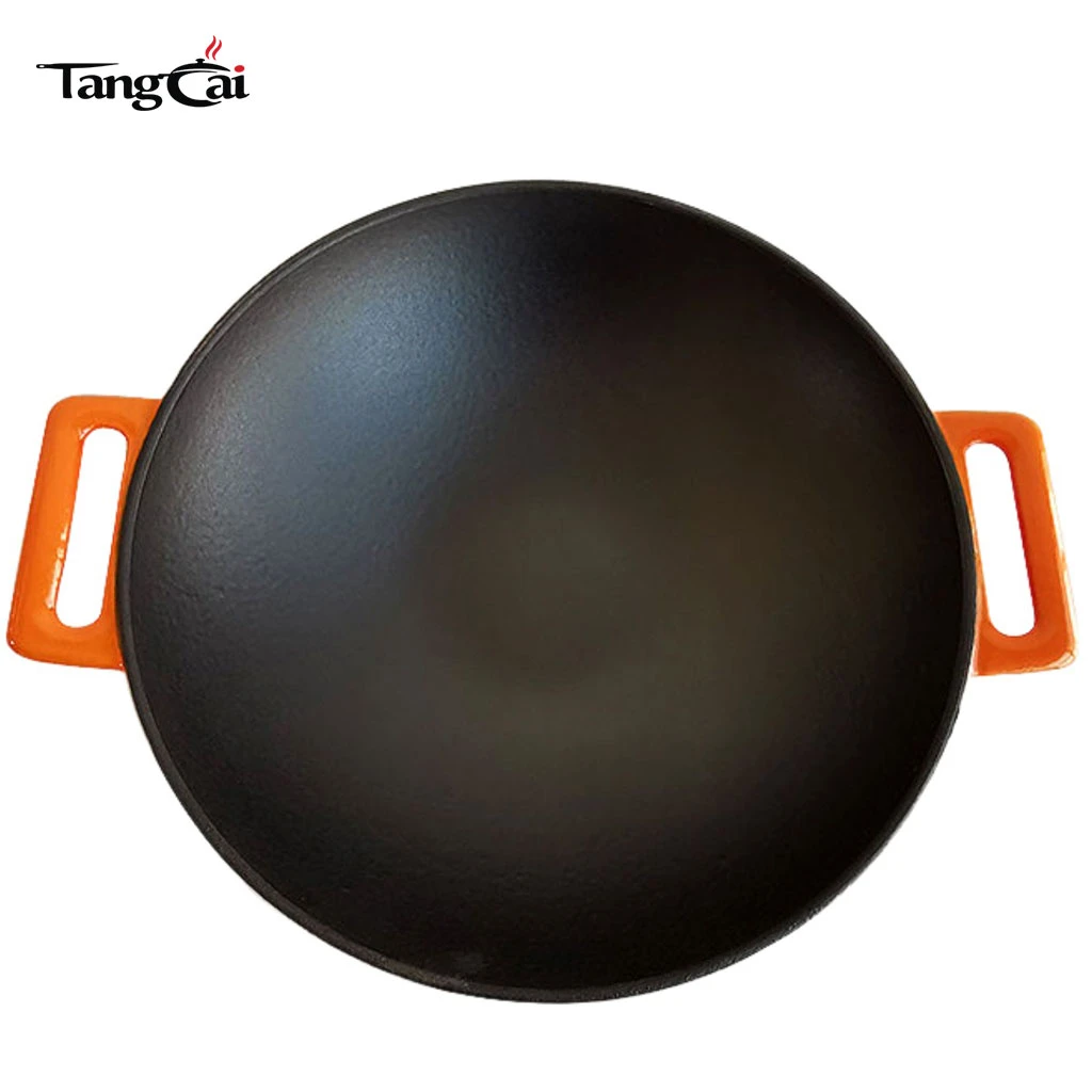 Wok en fonte DIA36&nbsp;cm avec rev&ecirc;tement &eacute;maill&eacute; avec poign&eacute;es doubles Ustensiles de cuisine chinois Wok &agrave; fond plat compatible avec l'induction