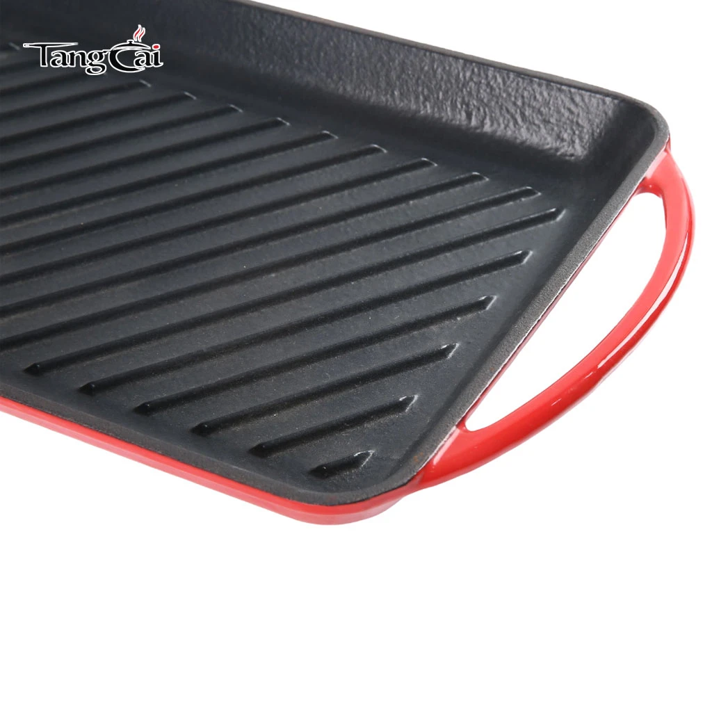 Plaque de cuisson classique pour cuisini&egrave;re &agrave; induction Plaque de cuisson pour barbecue &agrave; gaz en fonte &eacute;maill&eacute;e avec poign&eacute;es doubles D&eacute;lai de livraison rapide