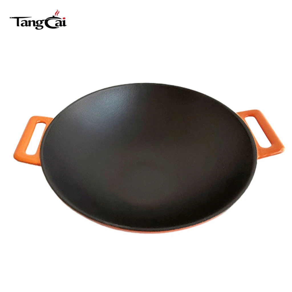 Wok en fonte DIA36&nbsp;cm avec rev&ecirc;tement &eacute;maill&eacute; avec poign&eacute;es doubles Ustensiles de cuisine chinois Wok &agrave; fond plat compatible avec l'induction