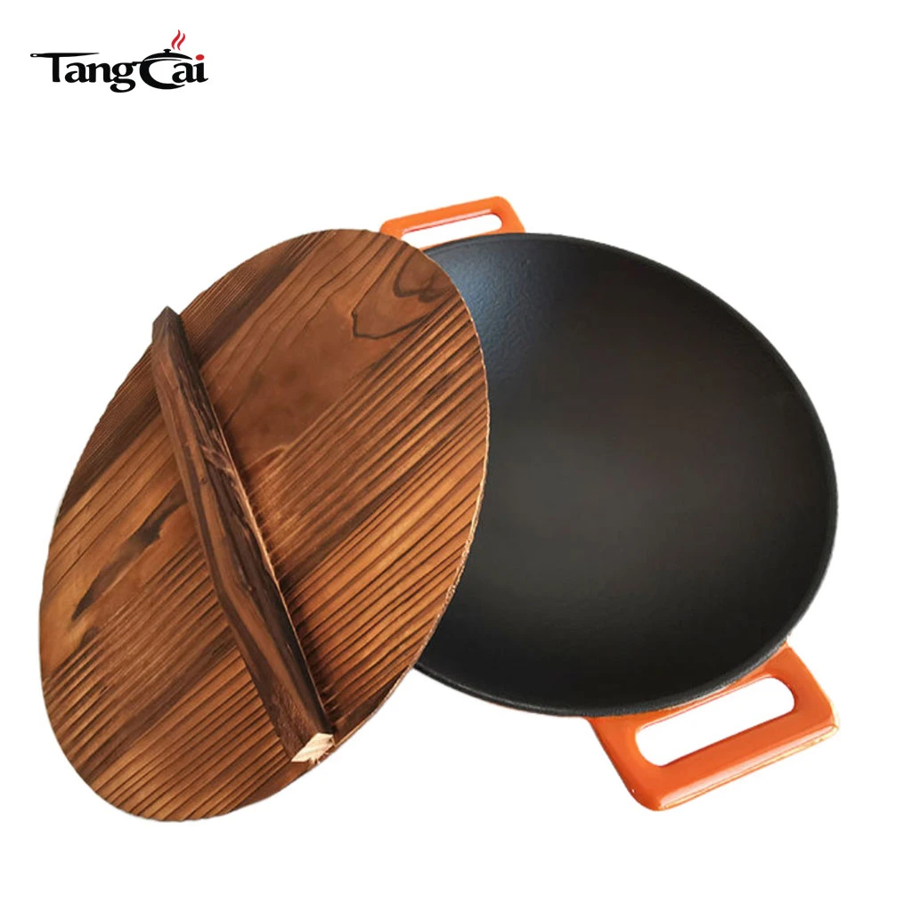 Wok en fonte DIA36&nbsp;cm avec rev&ecirc;tement &eacute;maill&eacute; avec poign&eacute;es doubles Ustensiles de cuisine chinois Wok &agrave; fond plat compatible avec l'induction