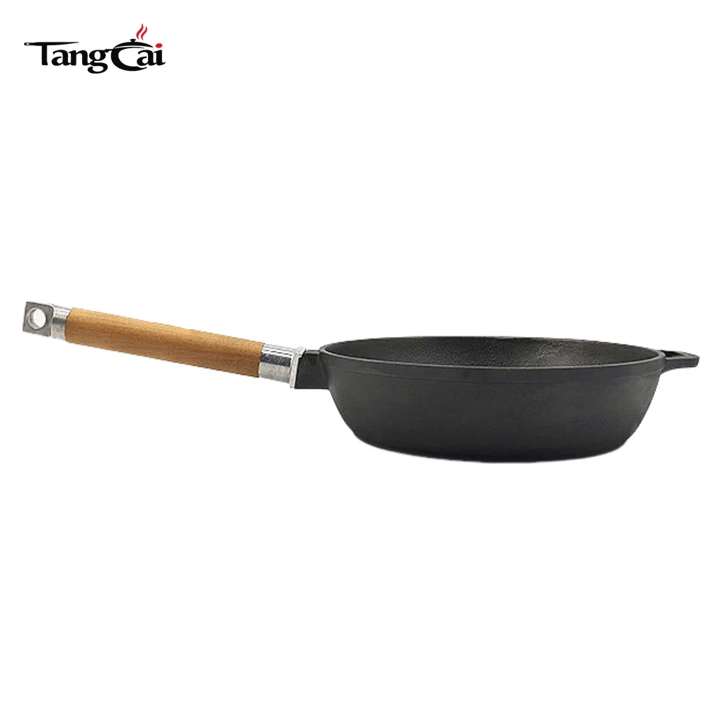 Po&ecirc;le &agrave; barbecue portable d'ext&eacute;rieur Po&ecirc;le &agrave; frire en fonte pr&eacute;-enduite avec poign&eacute;e amovible en bois