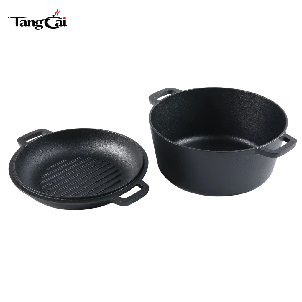 Batterie de cuisine en fonte 2-en-1 pr&eacute;-assaisonn&eacute;e en fonte double au design tendance - Cuiseur combin&eacute;e casserole et po&ecirc;le allant au four