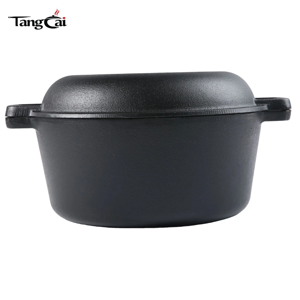 Batterie de cuisine en fonte 2-en-1 pr&eacute;-assaisonn&eacute;e en fonte double au design tendance - Cuiseur combin&eacute;e casserole et po&ecirc;le allant au four