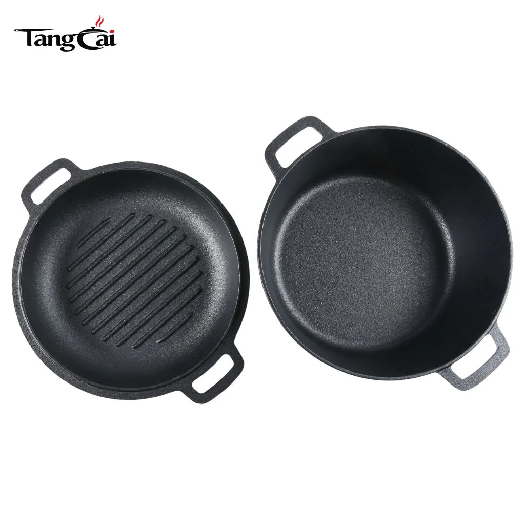 Batterie de cuisine en fonte 2-en-1 pr&eacute;-assaisonn&eacute;e en fonte double au design tendance - Cuiseur combin&eacute;e casserole et po&ecirc;le allant au four