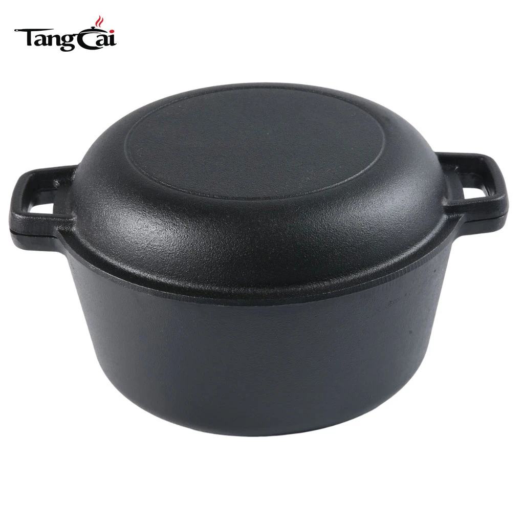 Batterie de cuisine en fonte 2-en-1 pr&eacute;-assaisonn&eacute;e en fonte double au design tendance - Cuiseur combin&eacute;e casserole et po&ecirc;le allant au four