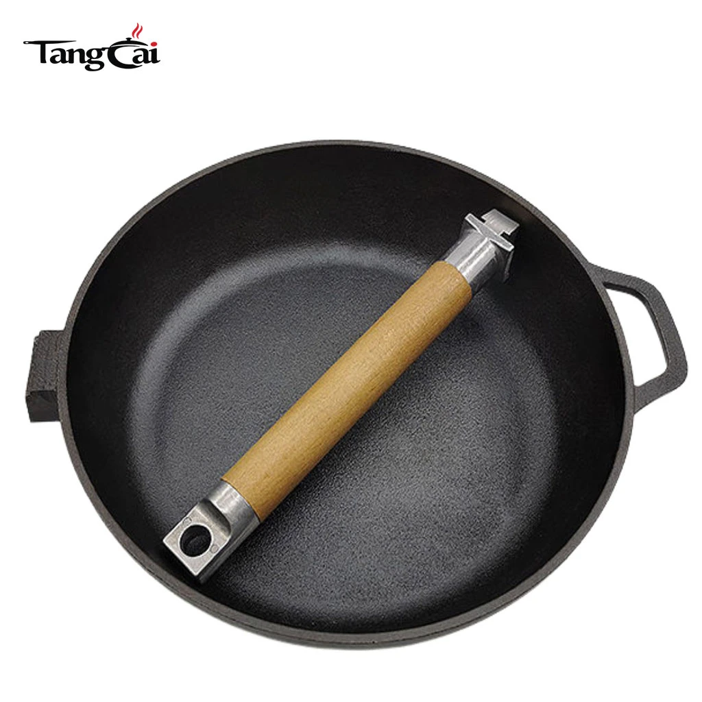 Po&ecirc;le &agrave; barbecue portable d'ext&eacute;rieur Po&ecirc;le &agrave; frire en fonte pr&eacute;-enduite avec poign&eacute;e amovible en bois