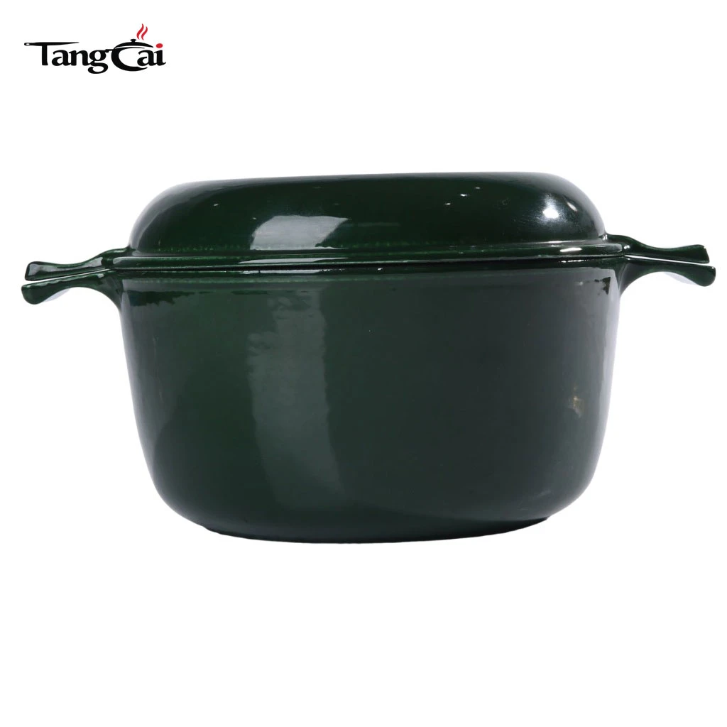 Vert fonc&eacute; Cuisini&egrave;re combin&eacute;e en fonte &eacute;maill&eacute;e, four hollandais &agrave; double usage avec couvercle r&eacute;versible