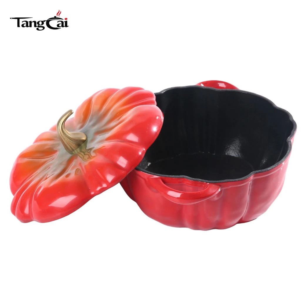 Four hollandaise en fonte &eacute;maill&eacute;e en forme de citrouille rouge d&eacute;grad&eacute; avec int&eacute;rieur noir mat Rev&ecirc;tement