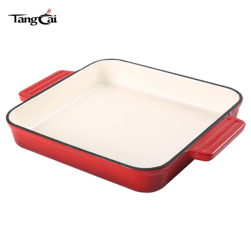 R&ocirc;tissoire en fonte &eacute;maill&eacute;e rouge | Cocotte rectangulaire avec deux poign&eacute;es lat&eacute;rales