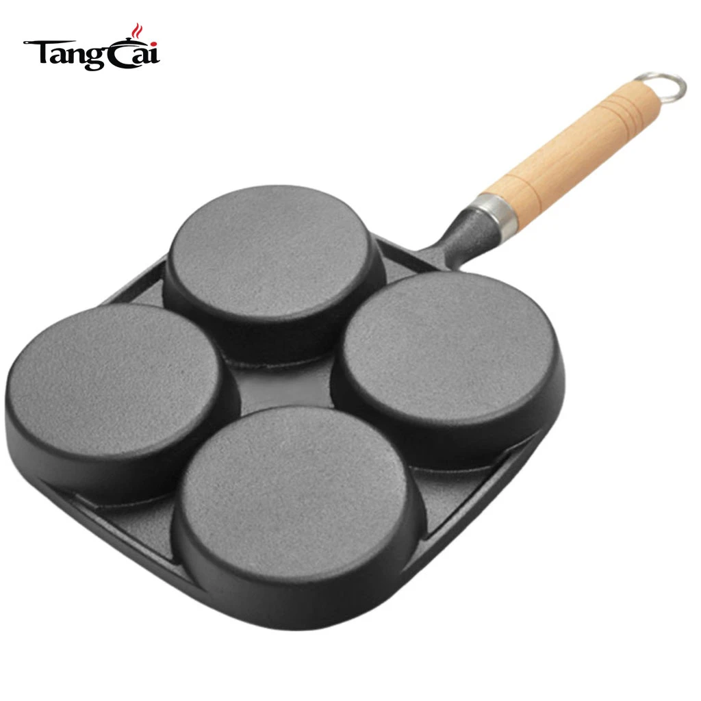 Po&ecirc;le &agrave; cr&ecirc;pes en fonte pr&eacute;-assaisonn&eacute;e de 4 tasses avec manche en bois, plaque antiadh&eacute;sive multi-trous pour mini-cr&ecirc;pes, &oelig;ufs et petit-d&eacute;jeuner