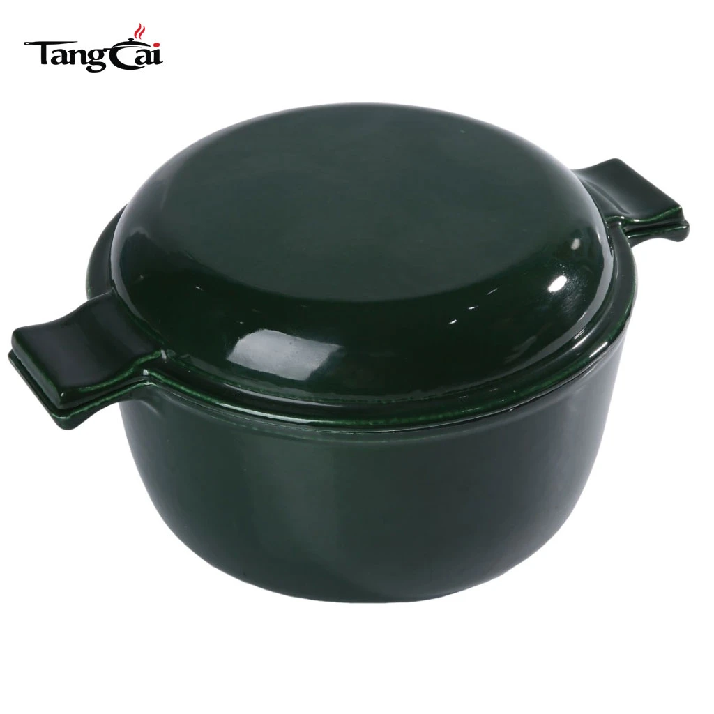 Vert fonc&eacute; Cuisini&egrave;re combin&eacute;e en fonte &eacute;maill&eacute;e, four hollandais &agrave; double usage avec couvercle r&eacute;versible
