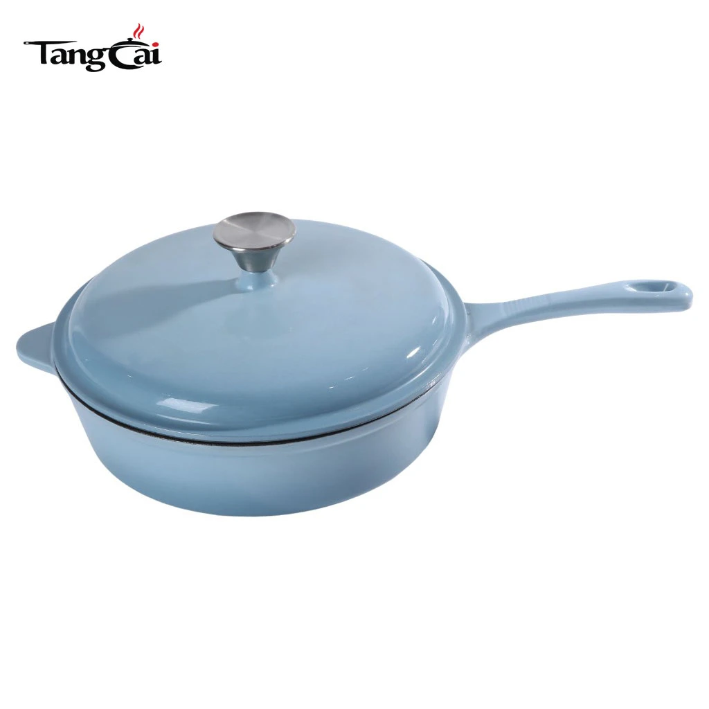 Grande marmite en fonte &eacute;maill&eacute;e bleu ciel de 5,5&nbsp;QT personnalis&eacute;e - Casserole profonde polyvalente avec manche long