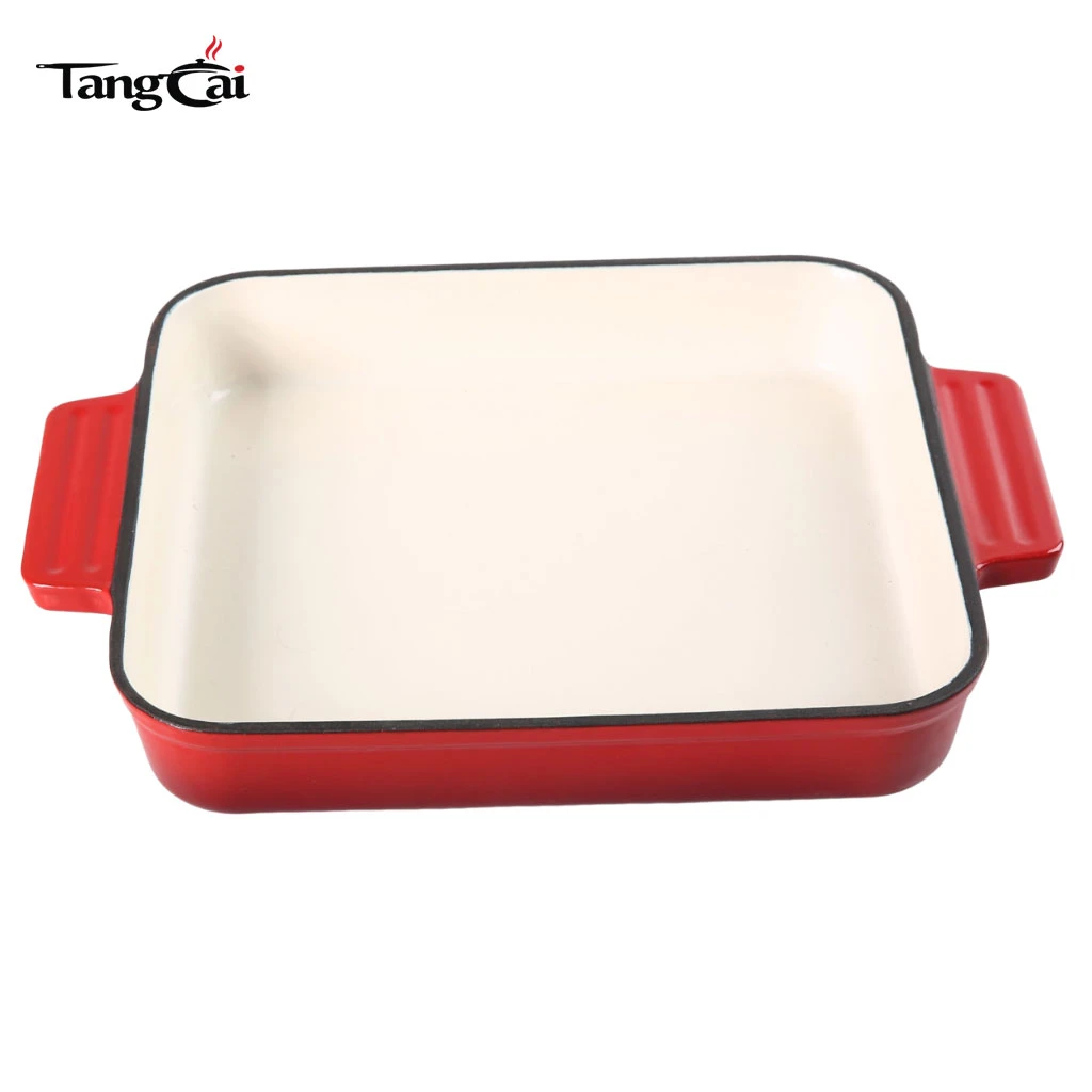 R&ocirc;tissoire en fonte &eacute;maill&eacute;e rouge | Cocotte rectangulaire avec deux poign&eacute;es lat&eacute;rales