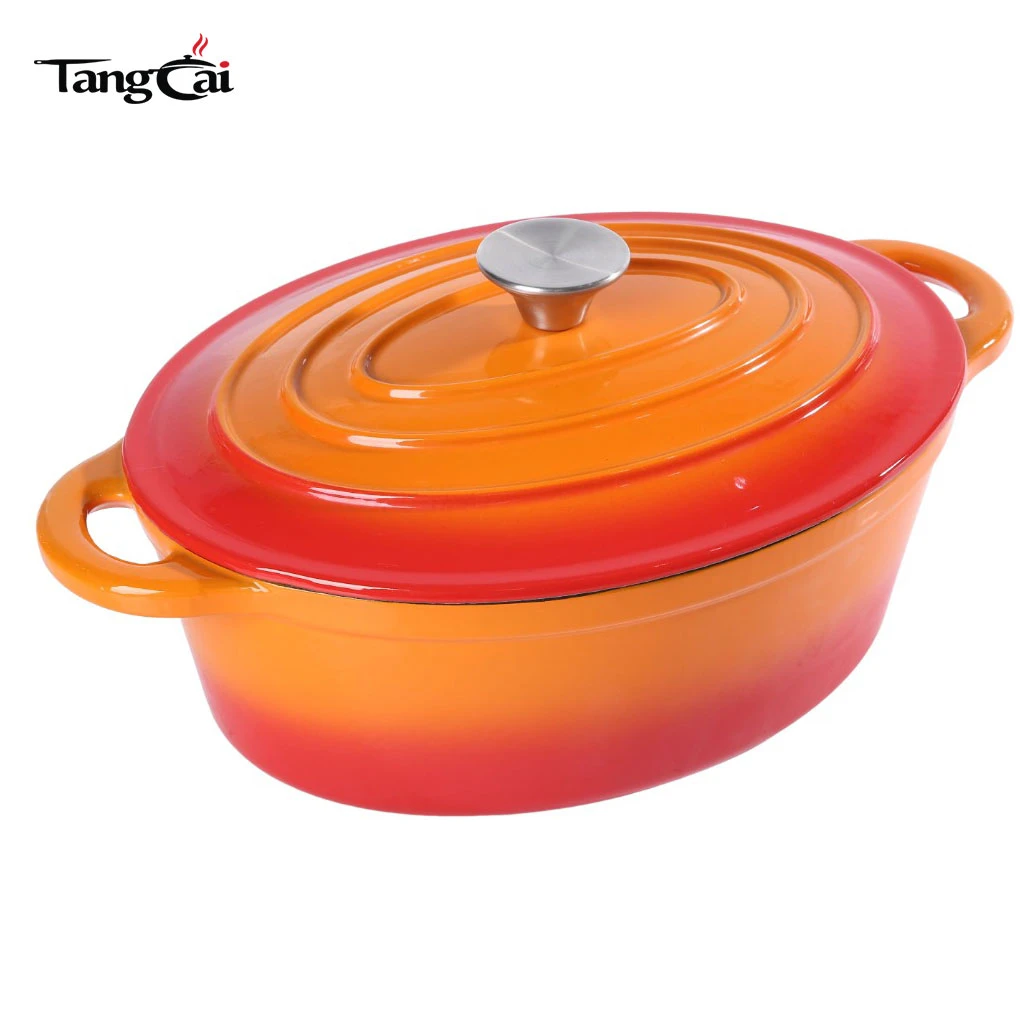 Grand faitout en fonte &eacute;maill&eacute;e ovale orange de 7&nbsp;litres de style classique, cocotte de taille familiale