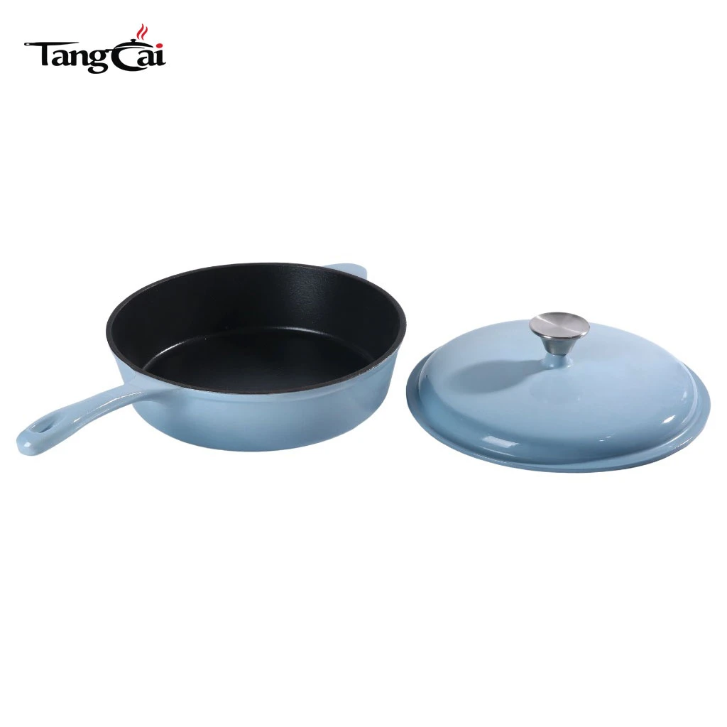 Grande marmite en fonte &eacute;maill&eacute;e bleu ciel de 5,5&nbsp;QT personnalis&eacute;e - Casserole profonde polyvalente avec manche long