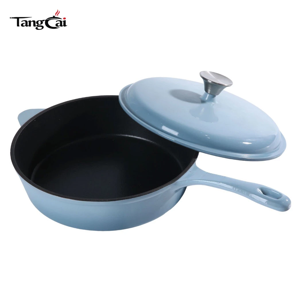 Grande marmite en fonte &eacute;maill&eacute;e bleu ciel de 5,5&nbsp;QT personnalis&eacute;e - Casserole profonde polyvalente avec manche long