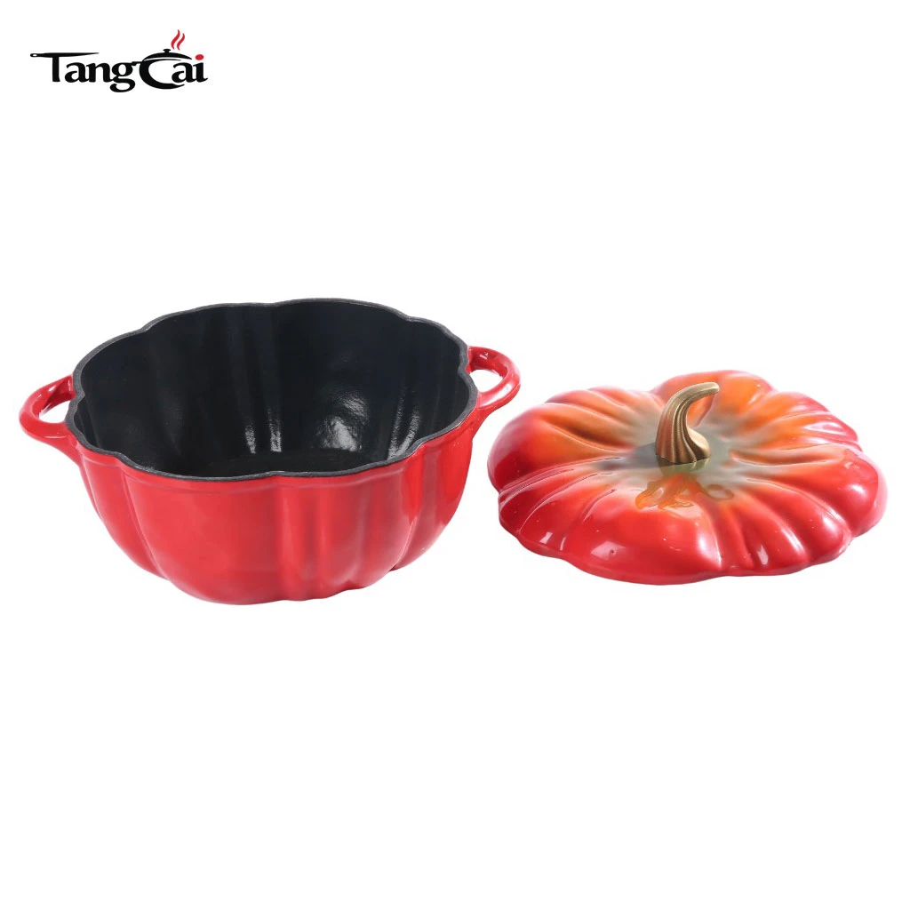 Four hollandaise en fonte &eacute;maill&eacute;e en forme de citrouille rouge d&eacute;grad&eacute; avec int&eacute;rieur noir mat Rev&ecirc;tement