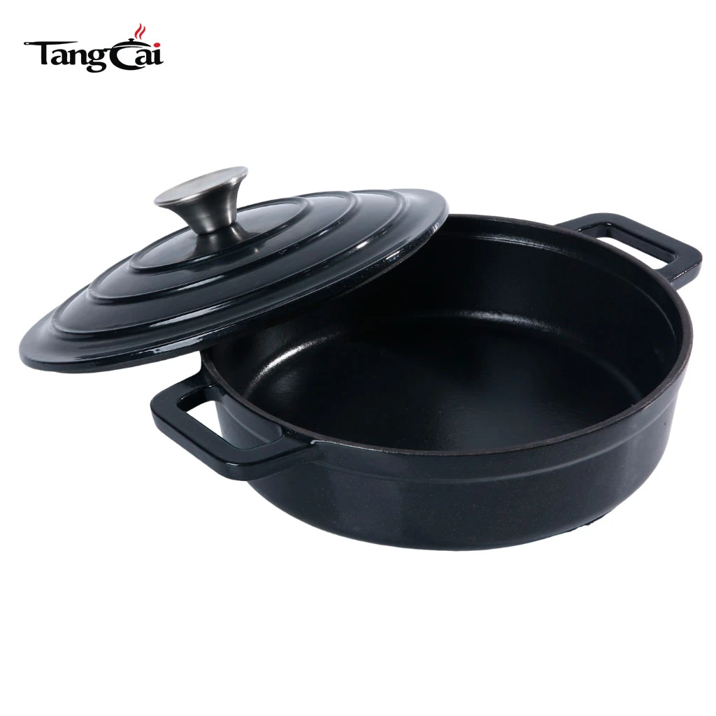 Petit cocotte en fonte &eacute;maill&eacute;e noire mate peu profonde, mini cocotte &agrave; fruits de mer avec Couvercle