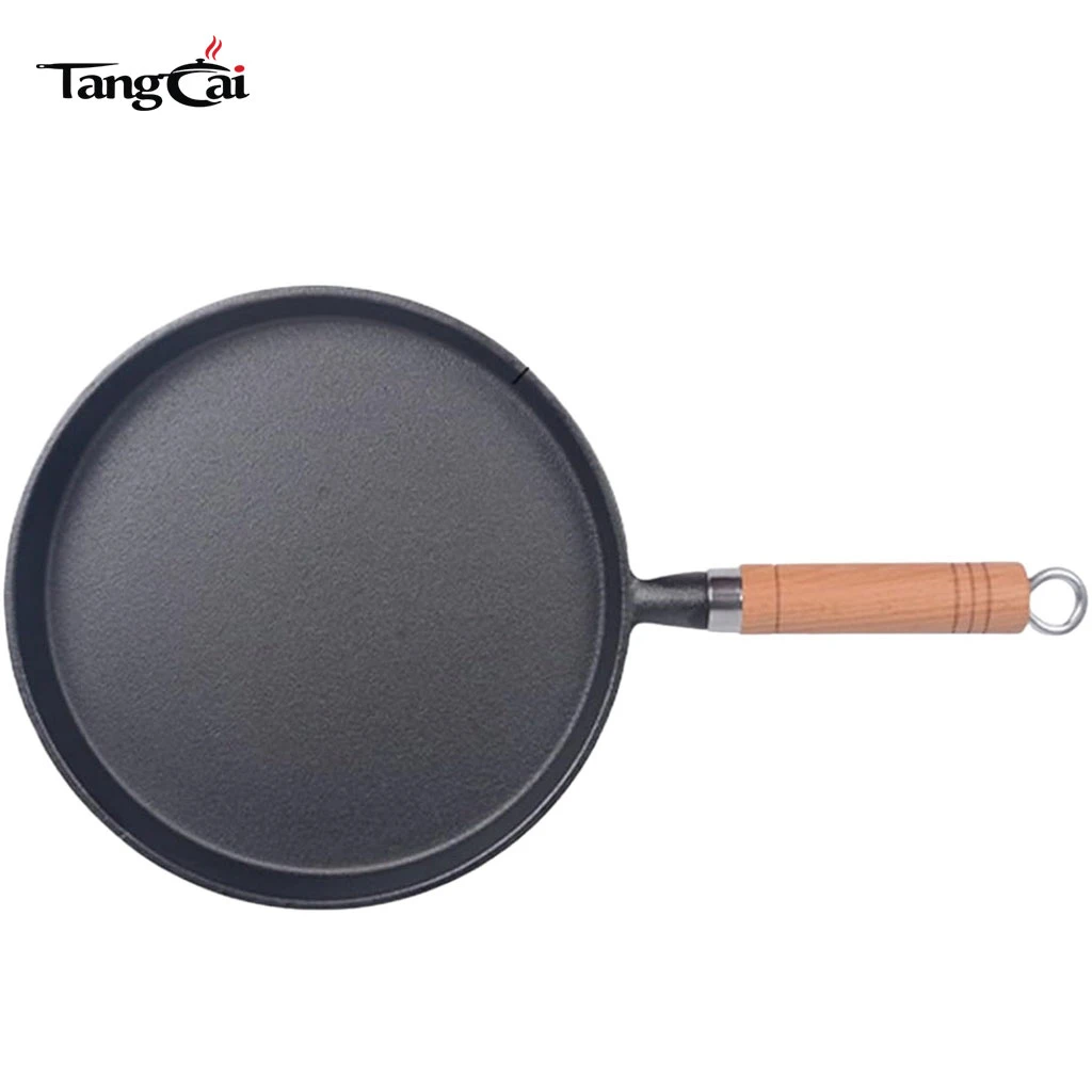 Po&ecirc;le &agrave; frire en fonte Plaque plate antiadh&eacute;sive de 10&nbsp;pouces pour cr&ecirc;pes avec manche en bois