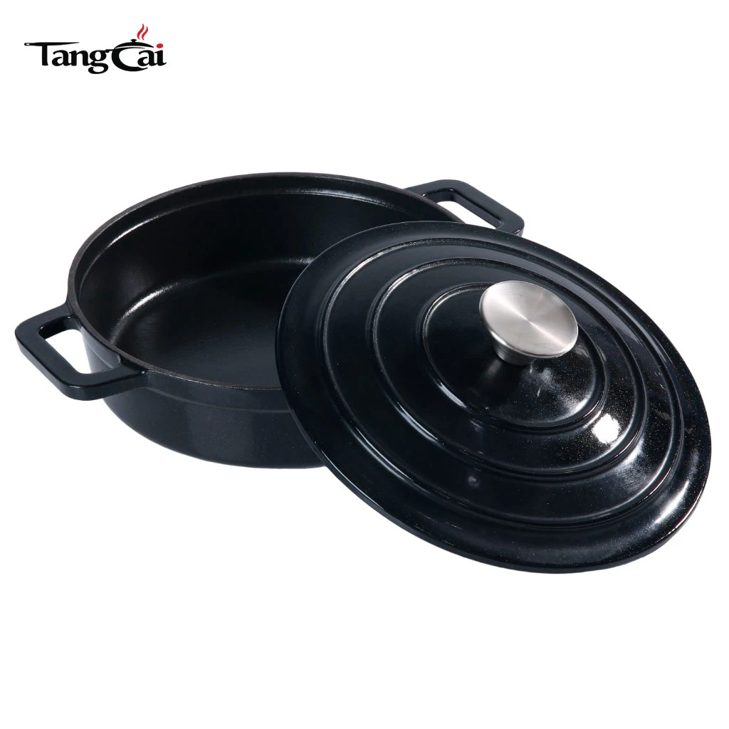 Petit cocotte en fonte &eacute;maill&eacute;e noire mate peu profonde, mini cocotte &agrave; fruits de mer avec Couvercle