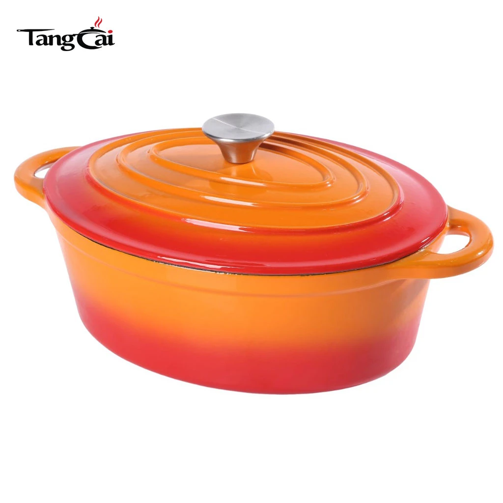 Grand faitout en fonte &eacute;maill&eacute;e ovale orange de 7&nbsp;litres de style classique, cocotte de taille familiale