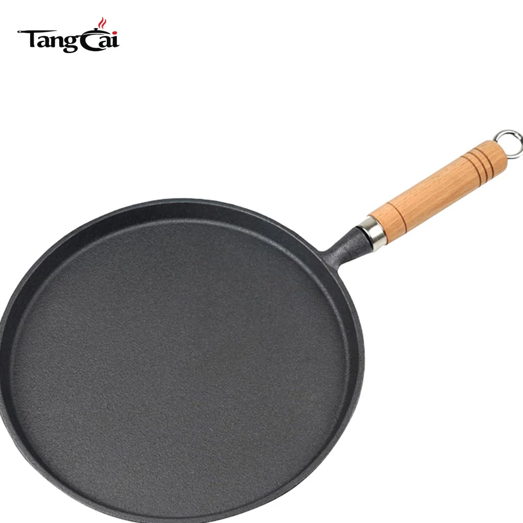 Po&ecirc;le &agrave; frire en fonte Plaque plate antiadh&eacute;sive de 10&nbsp;pouces pour cr&ecirc;pes avec manche en bois