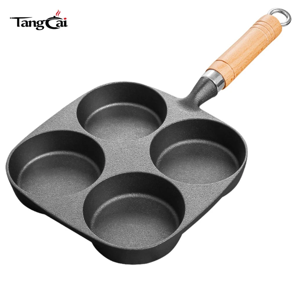Po&ecirc;le &agrave; cr&ecirc;pes en fonte pr&eacute;-assaisonn&eacute;e de 4 tasses avec manche en bois, plaque antiadh&eacute;sive multi-trous pour mini-cr&ecirc;pes, &oelig;ufs et petit-d&eacute;jeuner