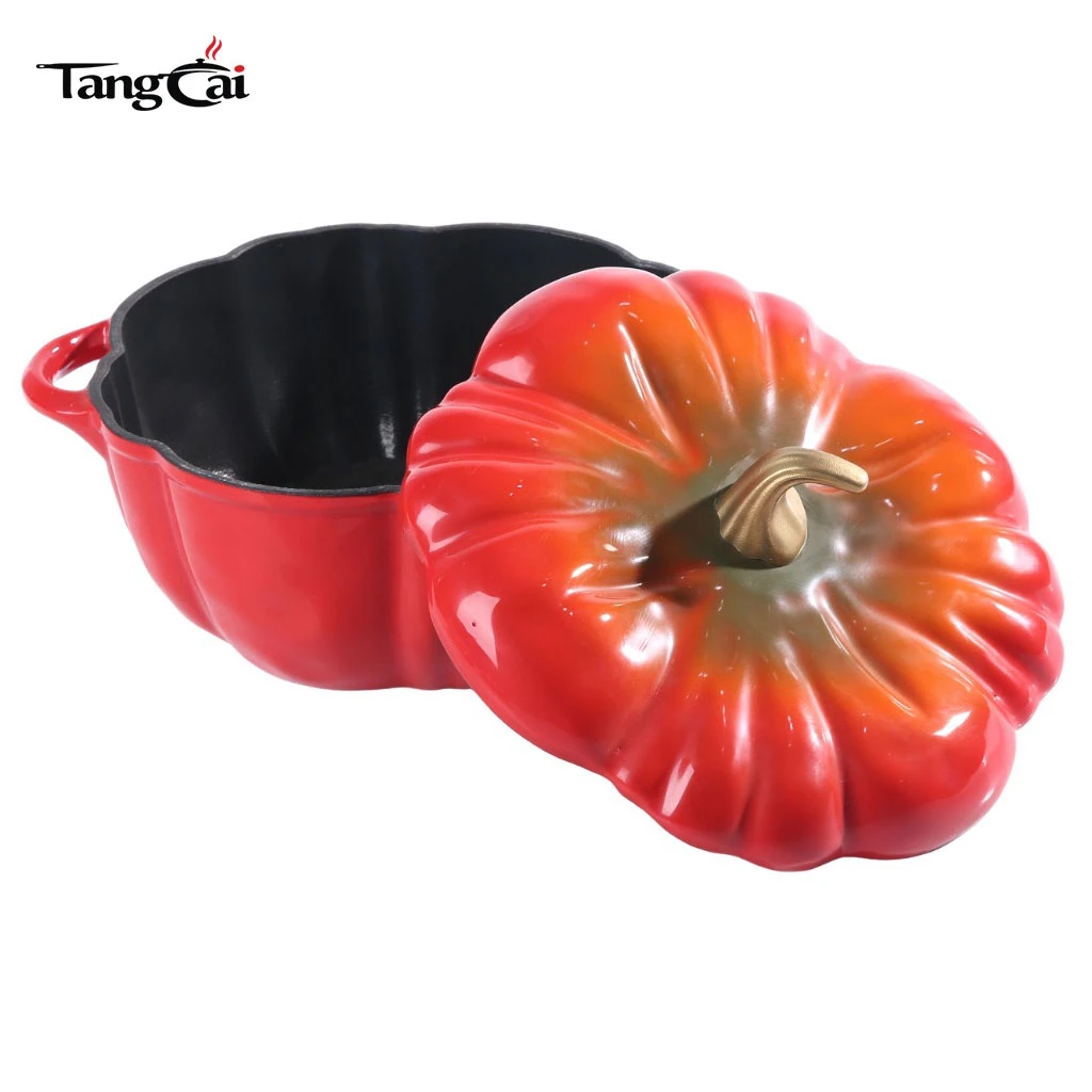 Four hollandaise en fonte &eacute;maill&eacute;e en forme de citrouille rouge d&eacute;grad&eacute; avec int&eacute;rieur noir mat Rev&ecirc;tement