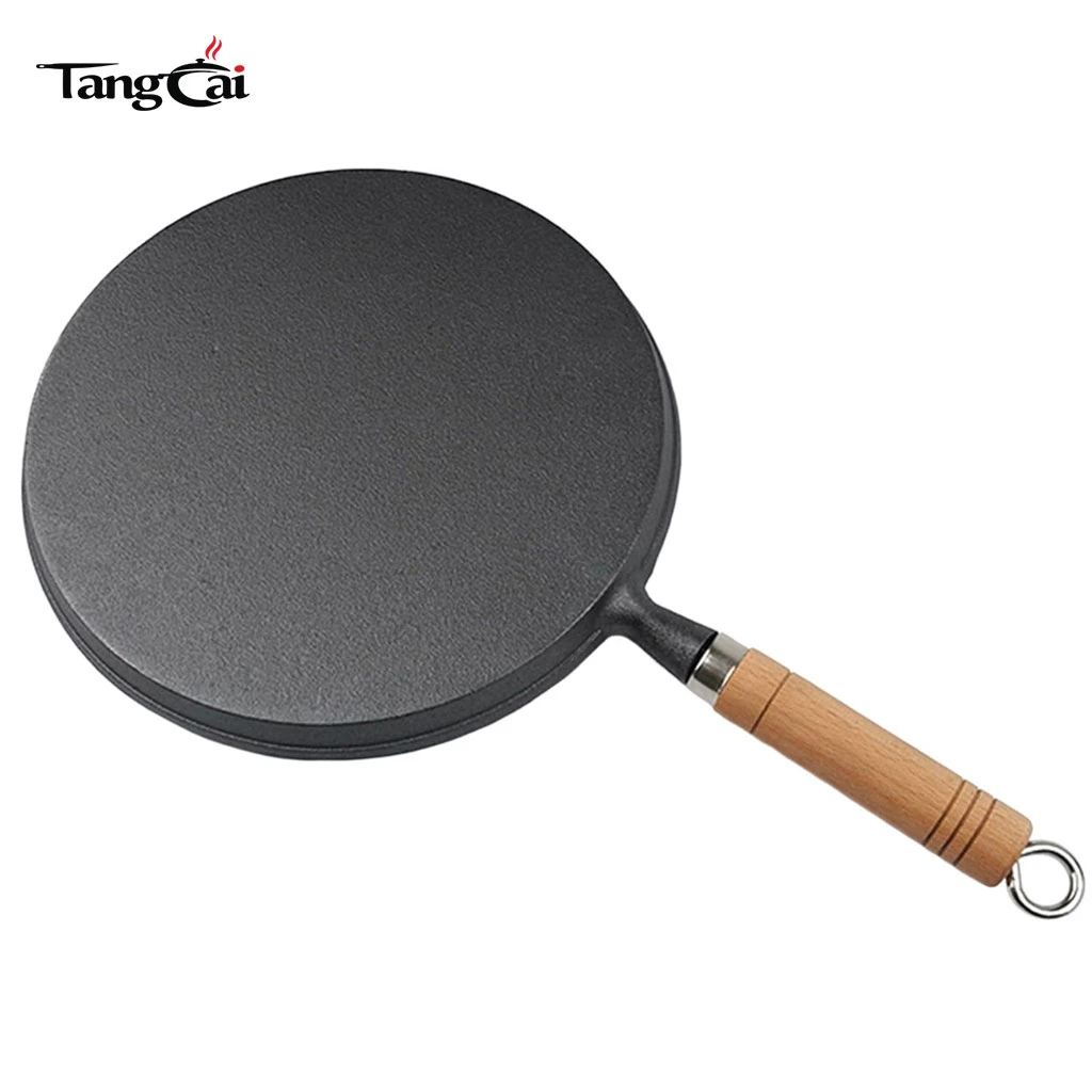 Po&ecirc;le &agrave; frire en fonte Plaque plate antiadh&eacute;sive de 10&nbsp;pouces pour cr&ecirc;pes avec manche en bois