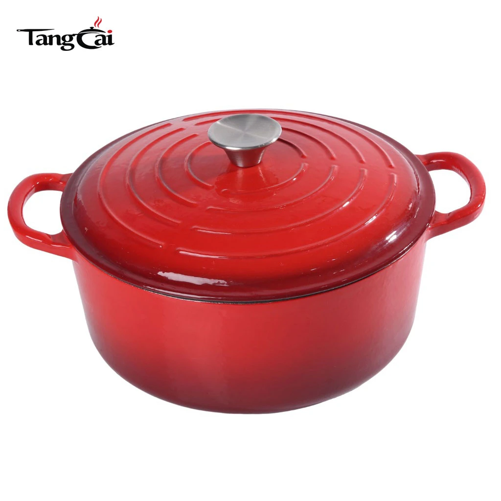 Four hollandais rond signature en fonte &eacute;maill&eacute;e rouge d&eacute;grad&eacute; de style Le Creuset personnalis&eacute; de 5,5 QT