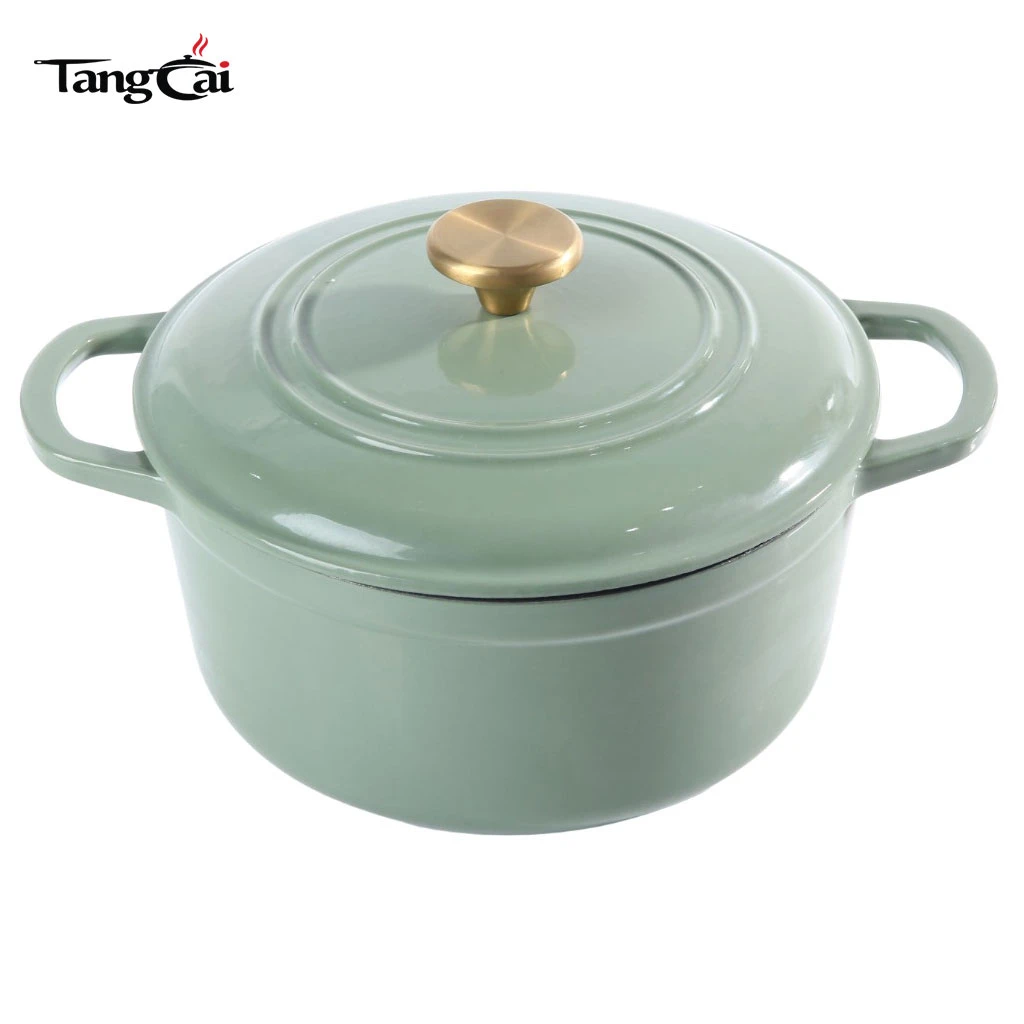 Four hollandaise en fonte &eacute;maill&eacute;e vert sauge de 5&nbsp;QT avec bouton dor&eacute; pour pain au levain Cuisson