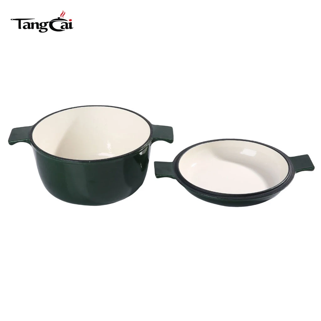 Vert fonc&eacute; Cuisini&egrave;re combin&eacute;e en fonte &eacute;maill&eacute;e, four hollandais &agrave; double usage avec couvercle r&eacute;versible