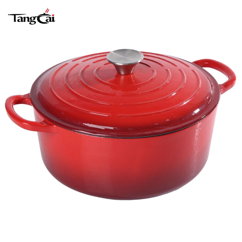Four hollandais rond signature en fonte &eacute;maill&eacute;e rouge d&eacute;grad&eacute; de style Le Creuset personnalis&eacute; de 5,5 QT
