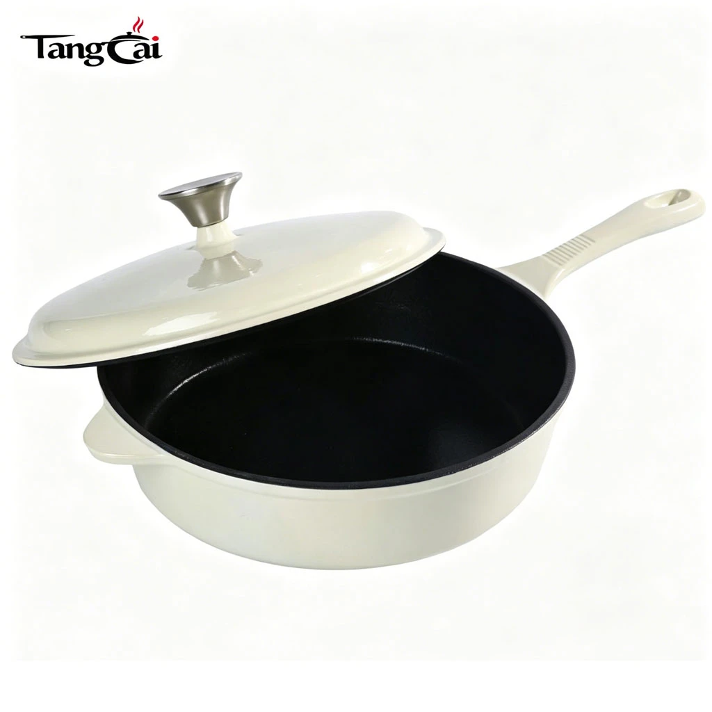 Casserole en fonte &eacute;maill&eacute;e blanc cr&egrave;me OEM | Grande po&ecirc;le &agrave; frire polyvalente