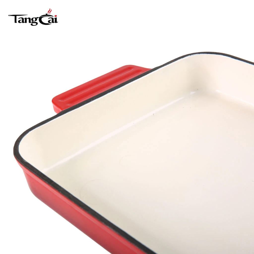 R&ocirc;tissoire en fonte &eacute;maill&eacute;e rouge | Cocotte rectangulaire avec deux poign&eacute;es lat&eacute;rales