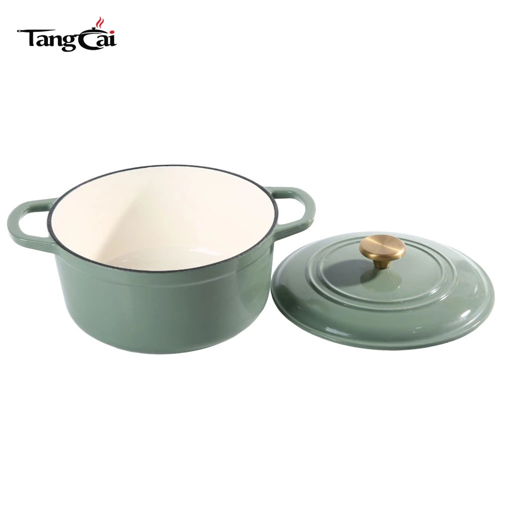 Four hollandaise en fonte &eacute;maill&eacute;e vert sauge de 5&nbsp;QT avec bouton dor&eacute; pour pain au levain Cuisson