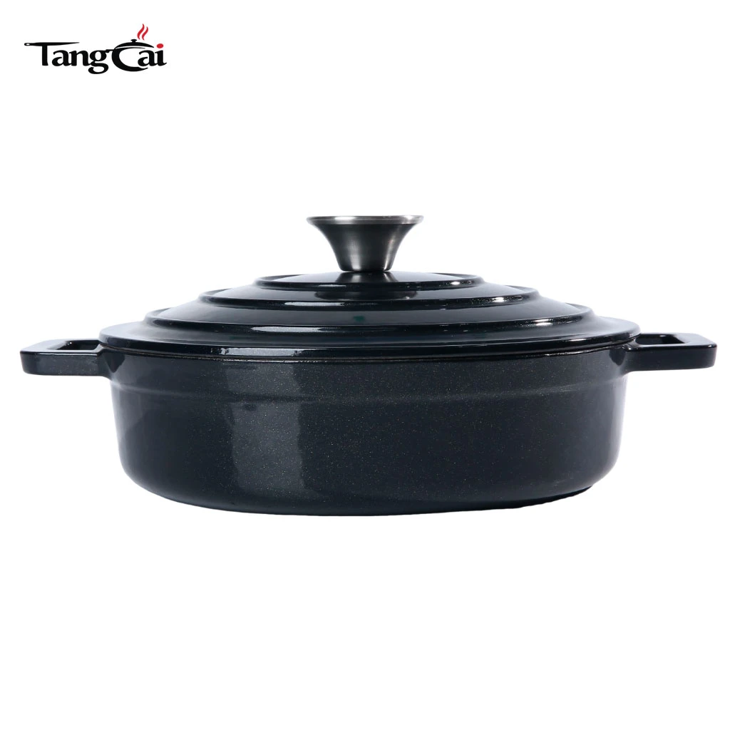 Petit cocotte en fonte &eacute;maill&eacute;e noire mate peu profonde, mini cocotte &agrave; fruits de mer avec Couvercle