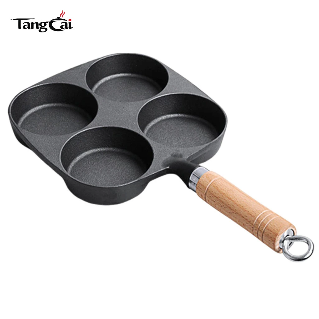 Po&ecirc;le &agrave; cr&ecirc;pes en fonte pr&eacute;-assaisonn&eacute;e de 4 tasses avec manche en bois, plaque antiadh&eacute;sive multi-trous pour mini-cr&ecirc;pes, &oelig;ufs et petit-d&eacute;jeuner
