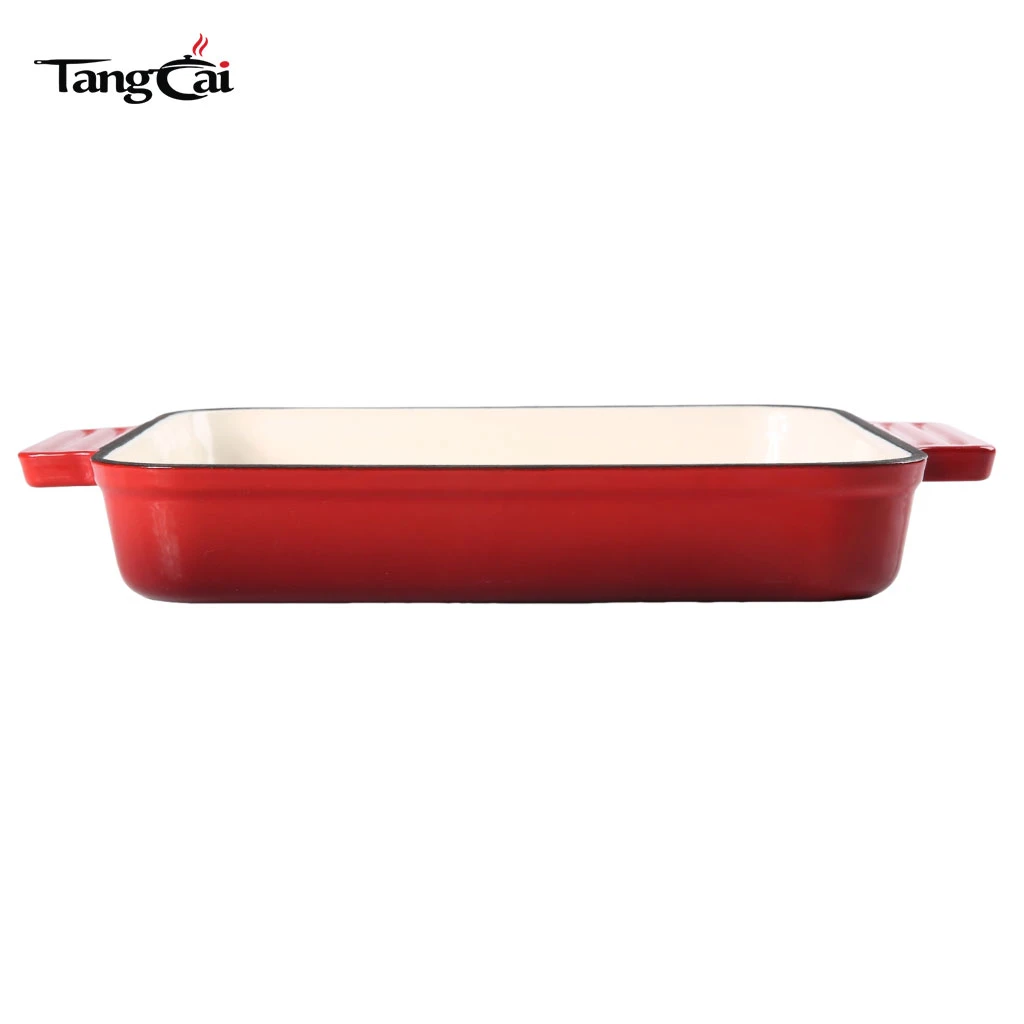 R&ocirc;tissoire en fonte &eacute;maill&eacute;e rouge | Cocotte rectangulaire avec deux poign&eacute;es lat&eacute;rales
