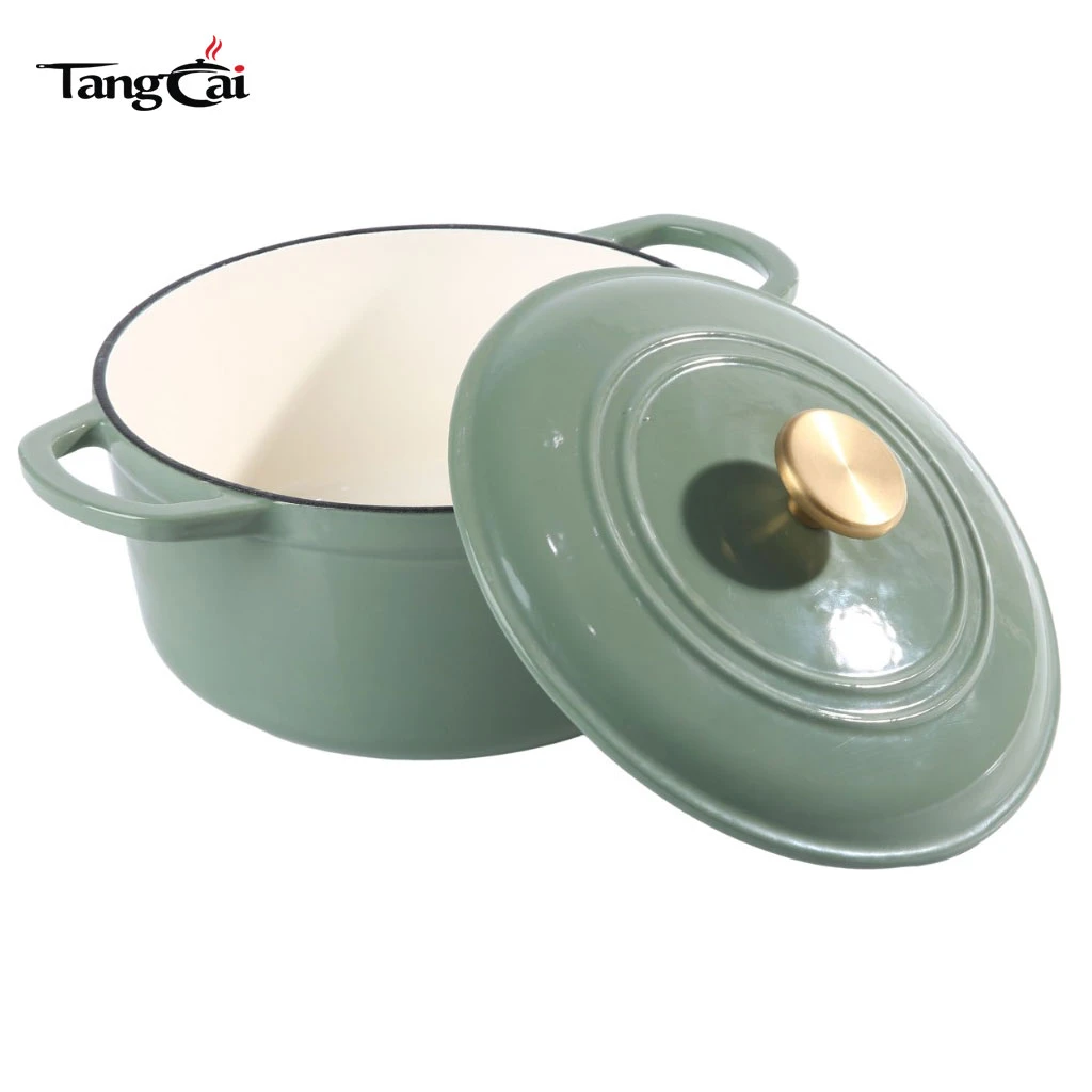 Four hollandaise en fonte &eacute;maill&eacute;e vert sauge de 5&nbsp;QT avec bouton dor&eacute; pour pain au levain Cuisson