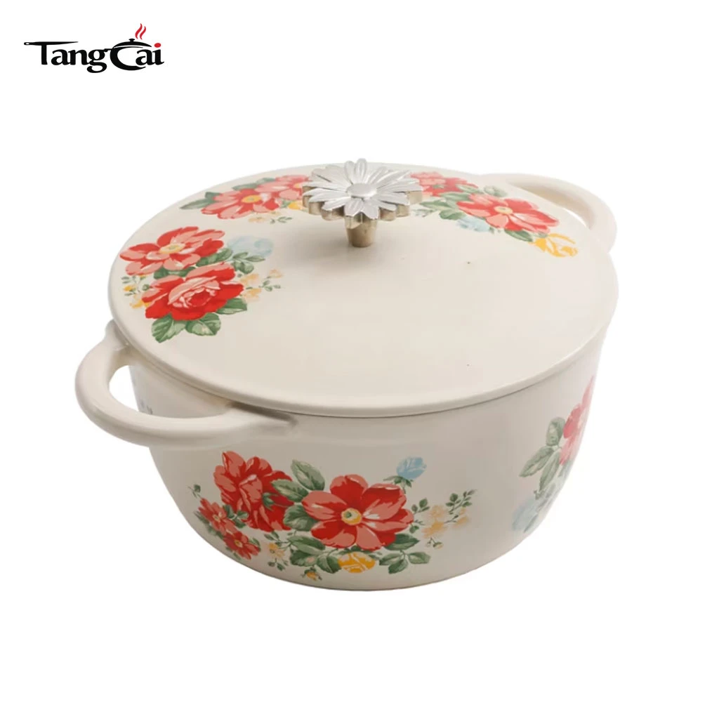 Four hollandaise en fonte &eacute;maill&eacute;e rouge vintage avec couvercle, cocotte compatible induction pour braiser, rago&ucirc;t et cuisson au levain