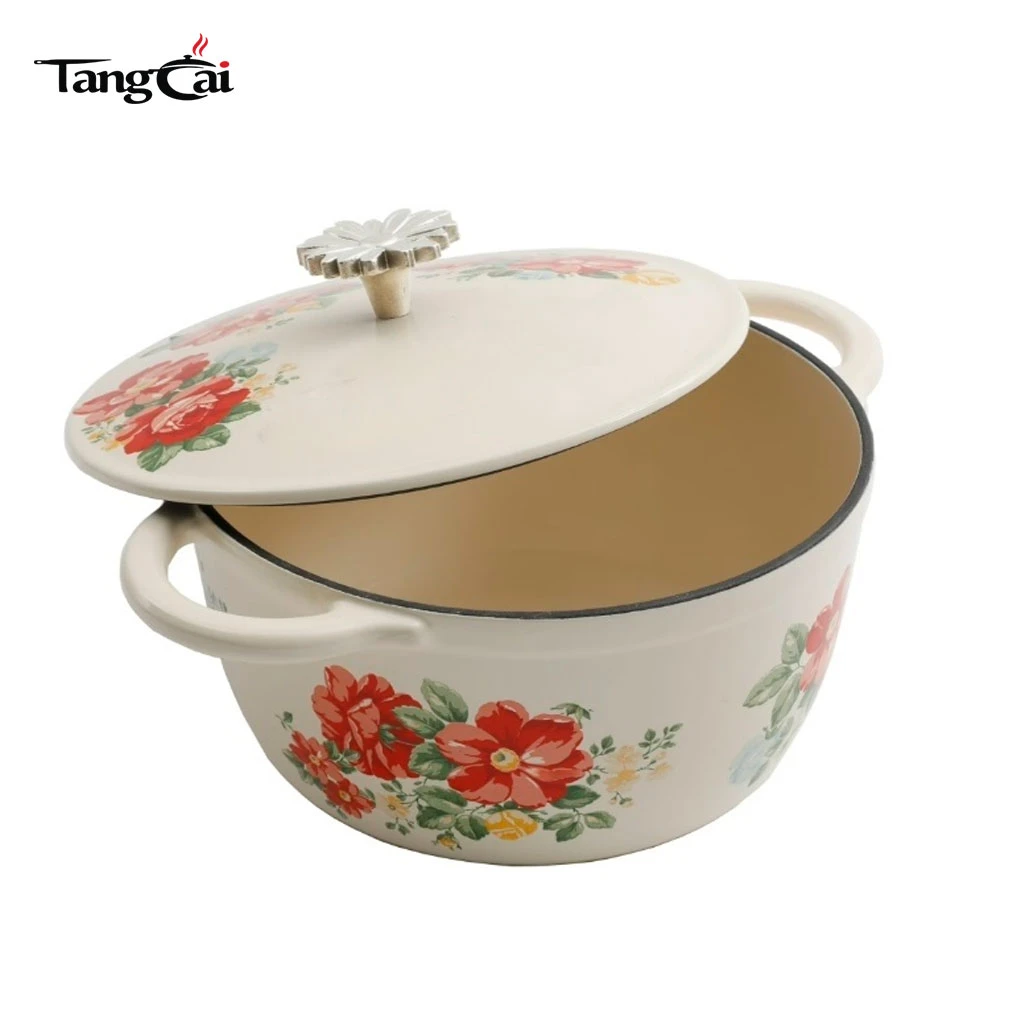 Four hollandaise en fonte &eacute;maill&eacute;e rouge vintage avec couvercle, cocotte compatible induction pour braiser, rago&ucirc;t et cuisson au levain