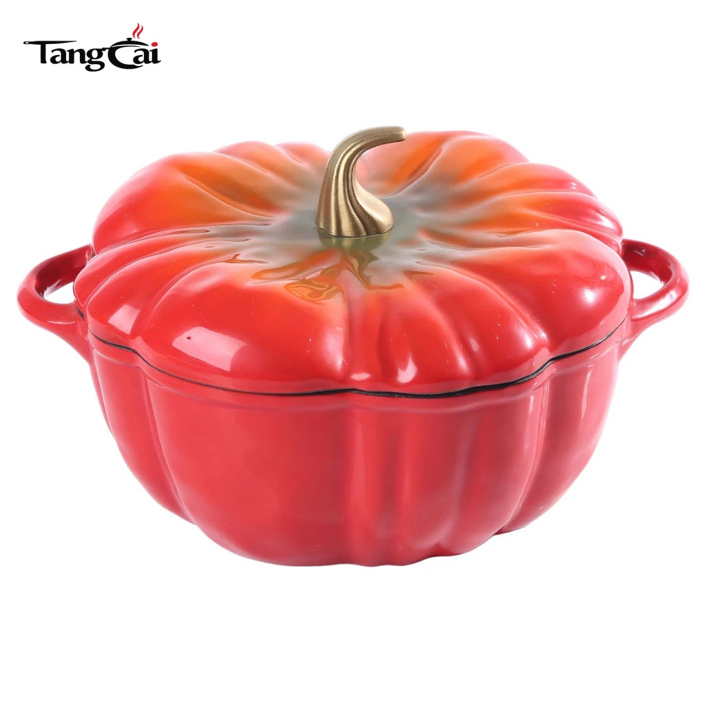 Four hollandaise en fonte &eacute;maill&eacute;e en forme de citrouille rouge d&eacute;grad&eacute; avec int&eacute;rieur noir mat Rev&ecirc;tement