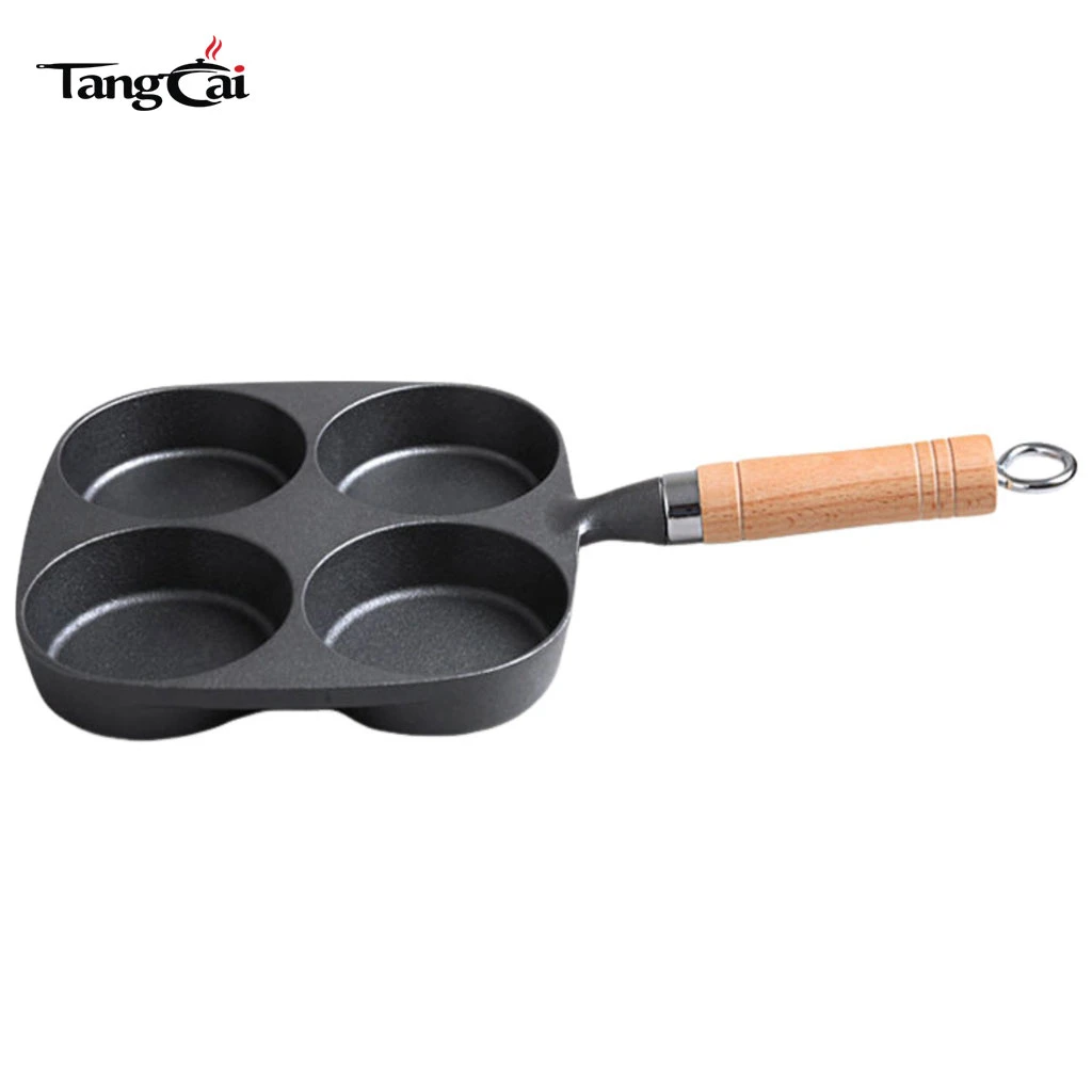 Po&ecirc;le &agrave; cr&ecirc;pes en fonte pr&eacute;-assaisonn&eacute;e de 4 tasses avec manche en bois, plaque antiadh&eacute;sive multi-trous pour mini-cr&ecirc;pes, &oelig;ufs et petit-d&eacute;jeuner