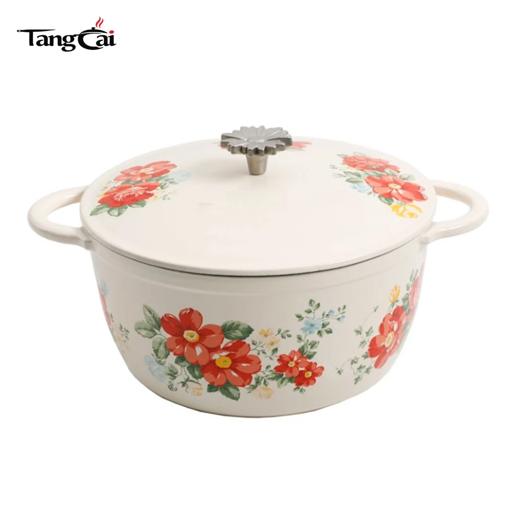 Four hollandaise en fonte &eacute;maill&eacute;e rouge vintage avec couvercle, cocotte compatible induction pour braiser, rago&ucirc;t et cuisson au levain