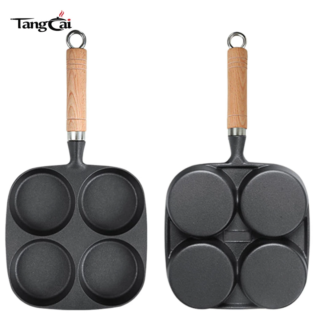 Po&ecirc;le &agrave; cr&ecirc;pes en fonte pr&eacute;-assaisonn&eacute;e de 4 tasses avec manche en bois, plaque antiadh&eacute;sive multi-trous pour mini-cr&ecirc;pes, &oelig;ufs et petit-d&eacute;jeuner